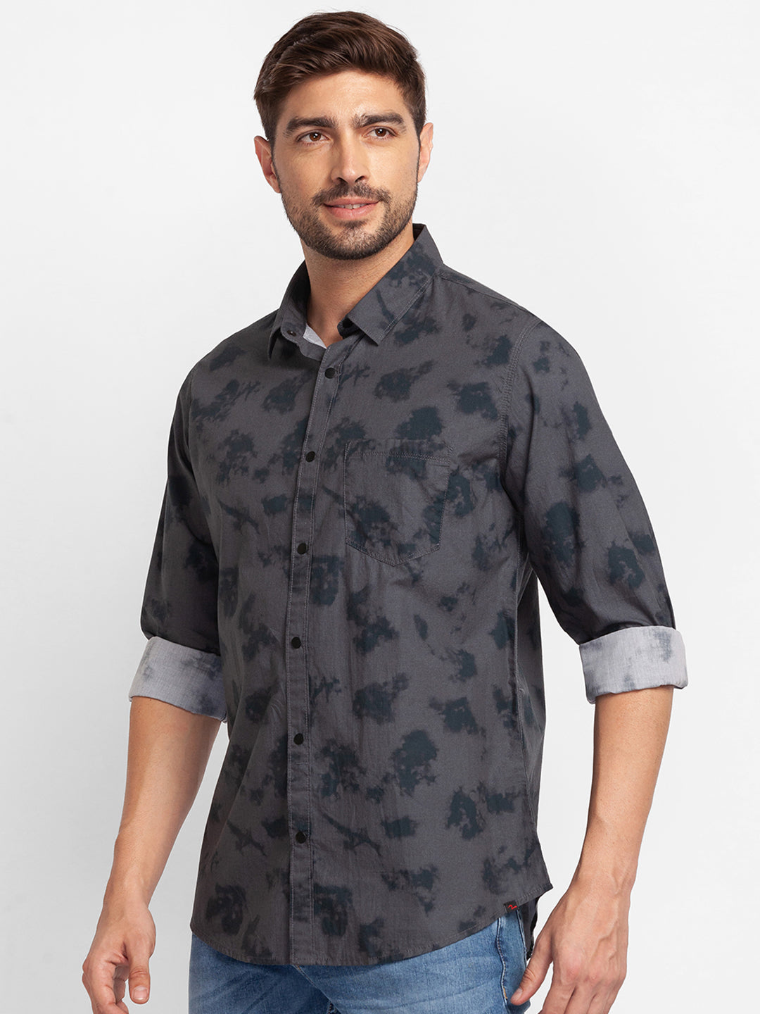 Spykar Charcoal Grey Cotton Full Sleeve Printed Shirt For Men