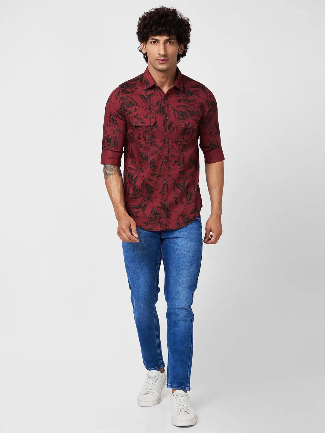 Spykar Men Brick Red Cotton Regular Slim Fit Full Sleeve Casual Floral Print Shirt