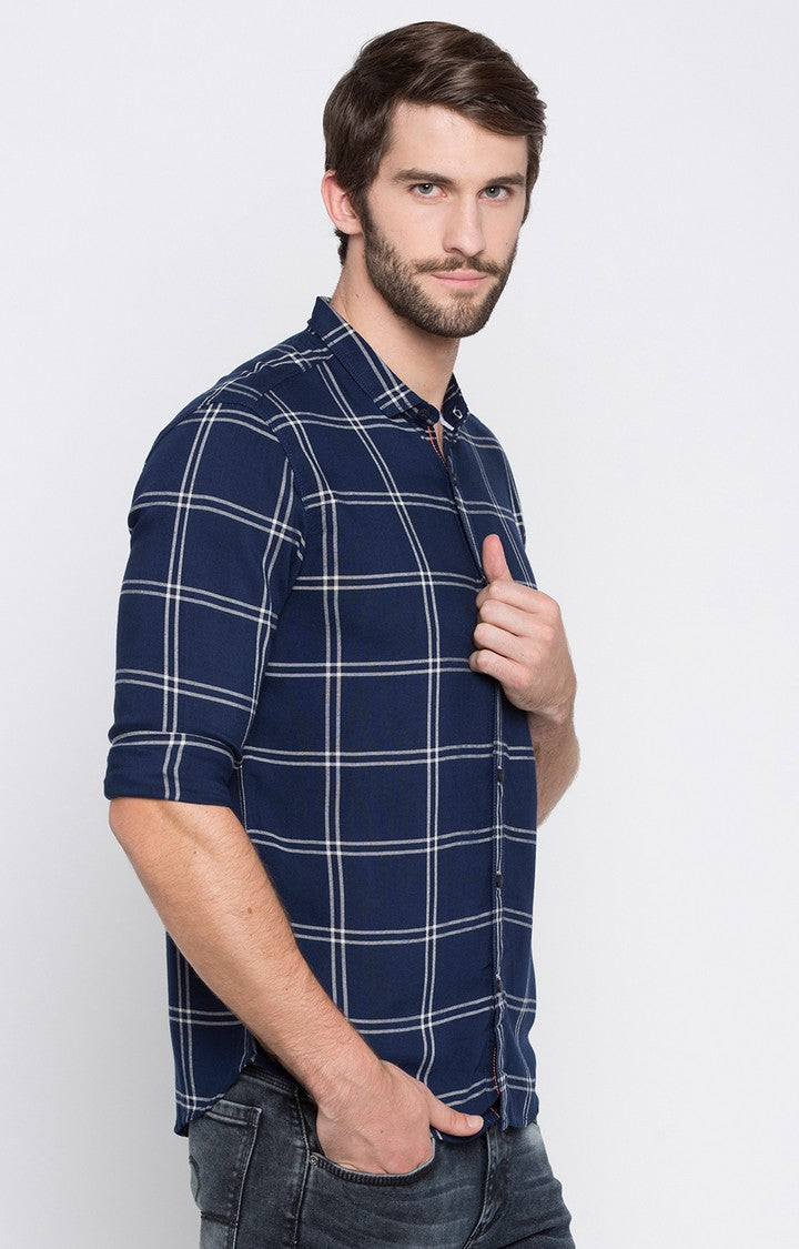 Spykar Men'S Blue Cotton Checked Casual Shirts