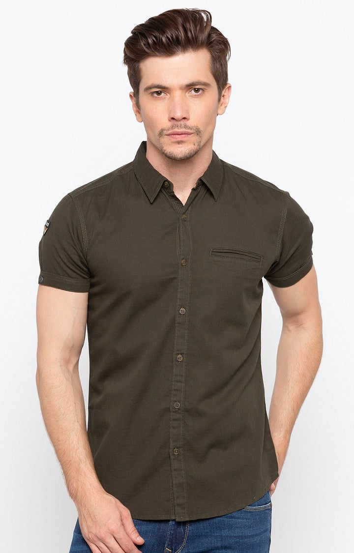 Spykar Men'S Green Cotton Solid Casual Shirts