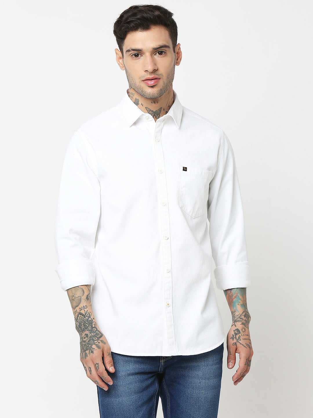 Spykar Men White Cotton Slim Fit Plain Shirts