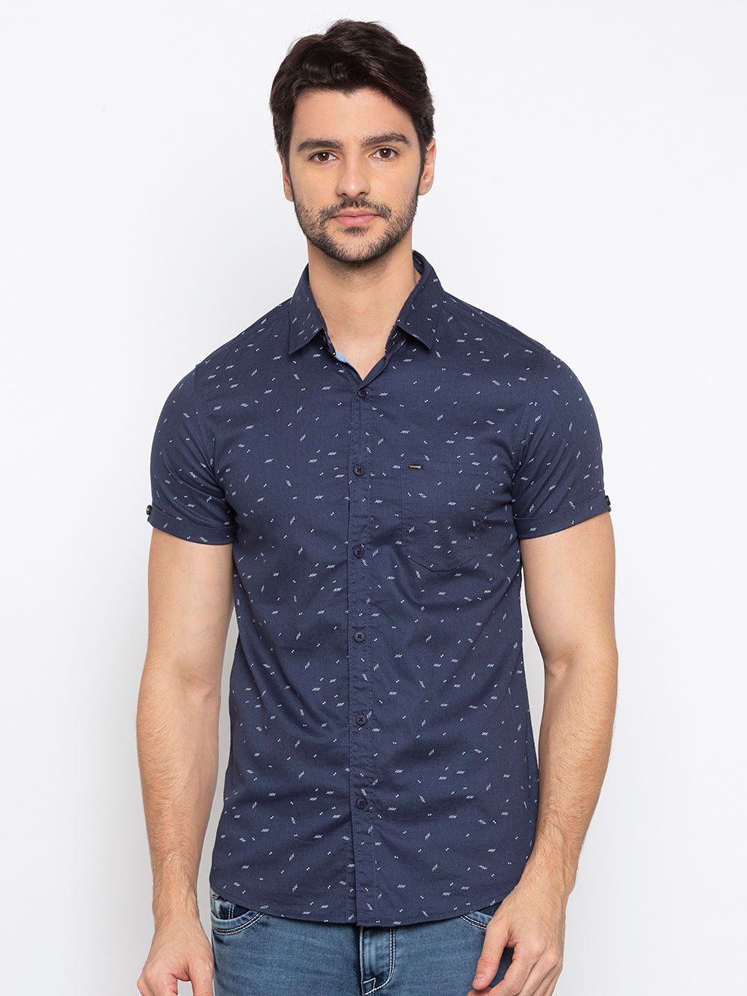 Spykar Men Navy Printed Slim Fit Casual Shirt