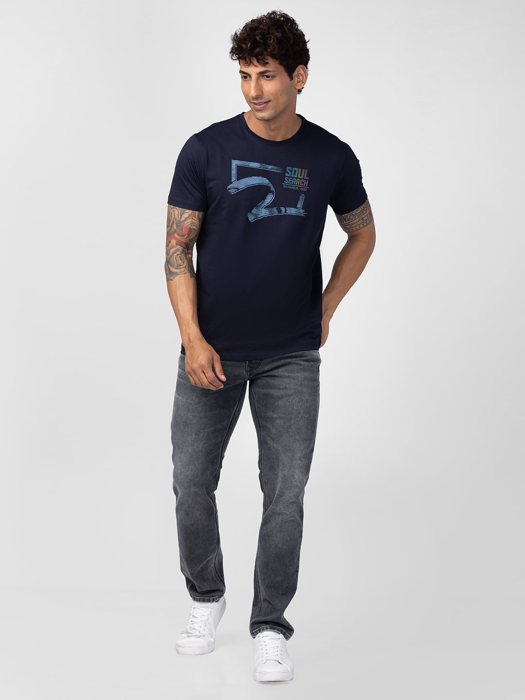 Spykar Men Navy Blue Cotton Regular Fit Half Sleeve Printed T-Shirt