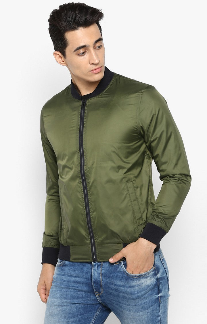 Spykar Men Olive Solid Comfort Fit Bomber Jacket