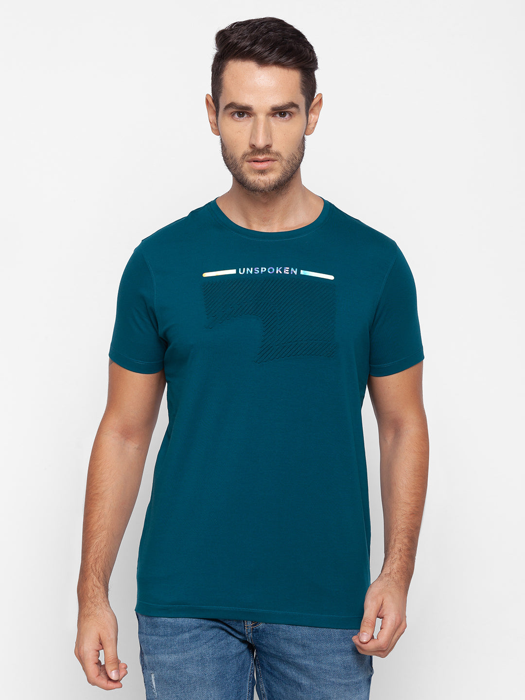 Spykar Men Blue Cotton Slim Fit Round Neck T-Shirt