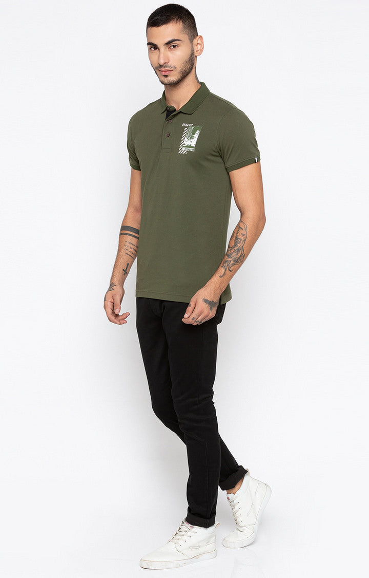 Spykar Olive Solid Slim Fit Polo T-Shirt