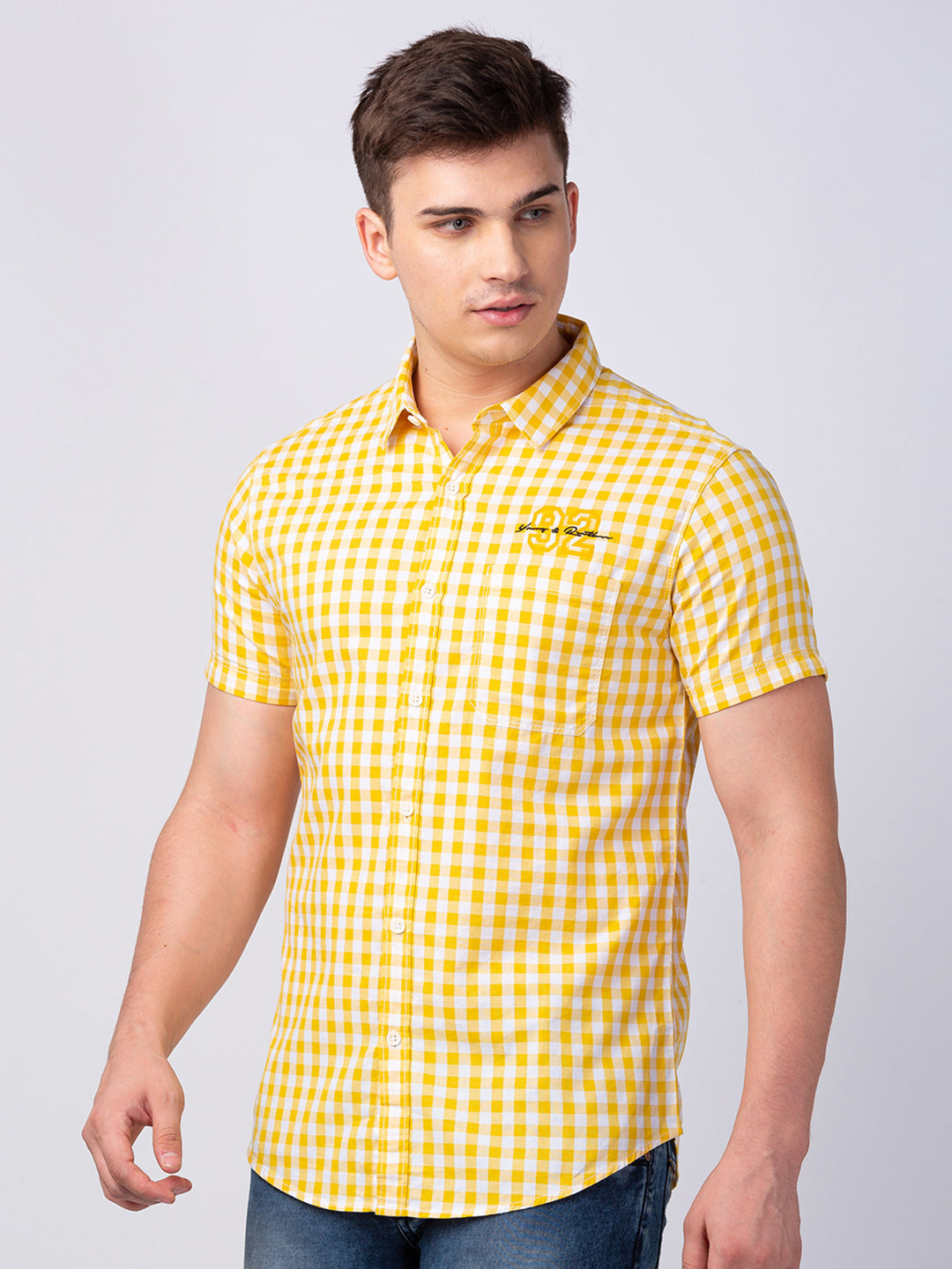 Spykar Men Yellow Cotton Slim Fit Checkered Shirt