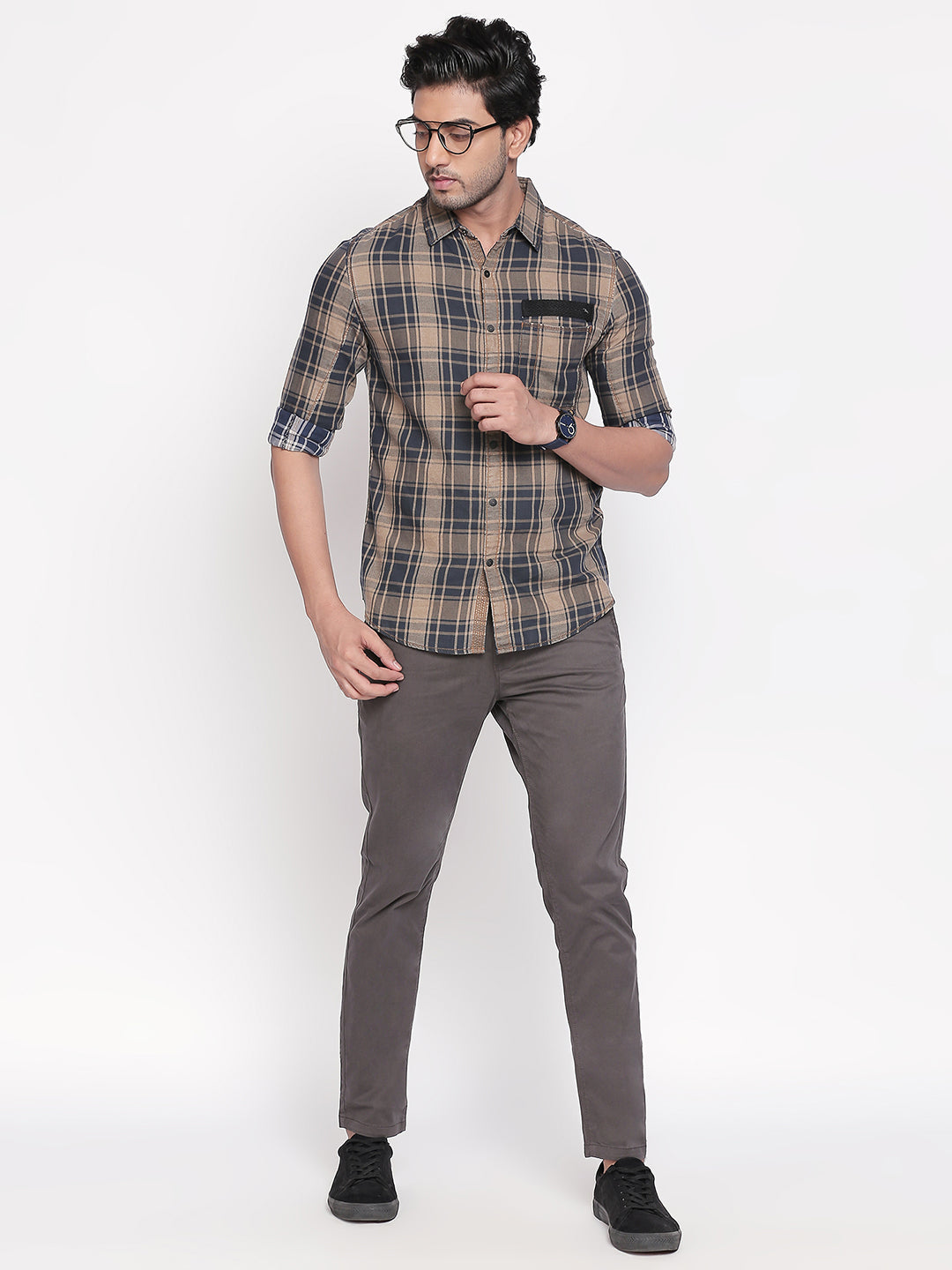 Spykar Men Khaki Checked Slim Fit Casual Shirt