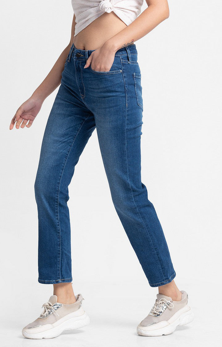 Spykar Women Mid Blue Cotton Slim Straight Fit Ankle Length Jeans (Emma)