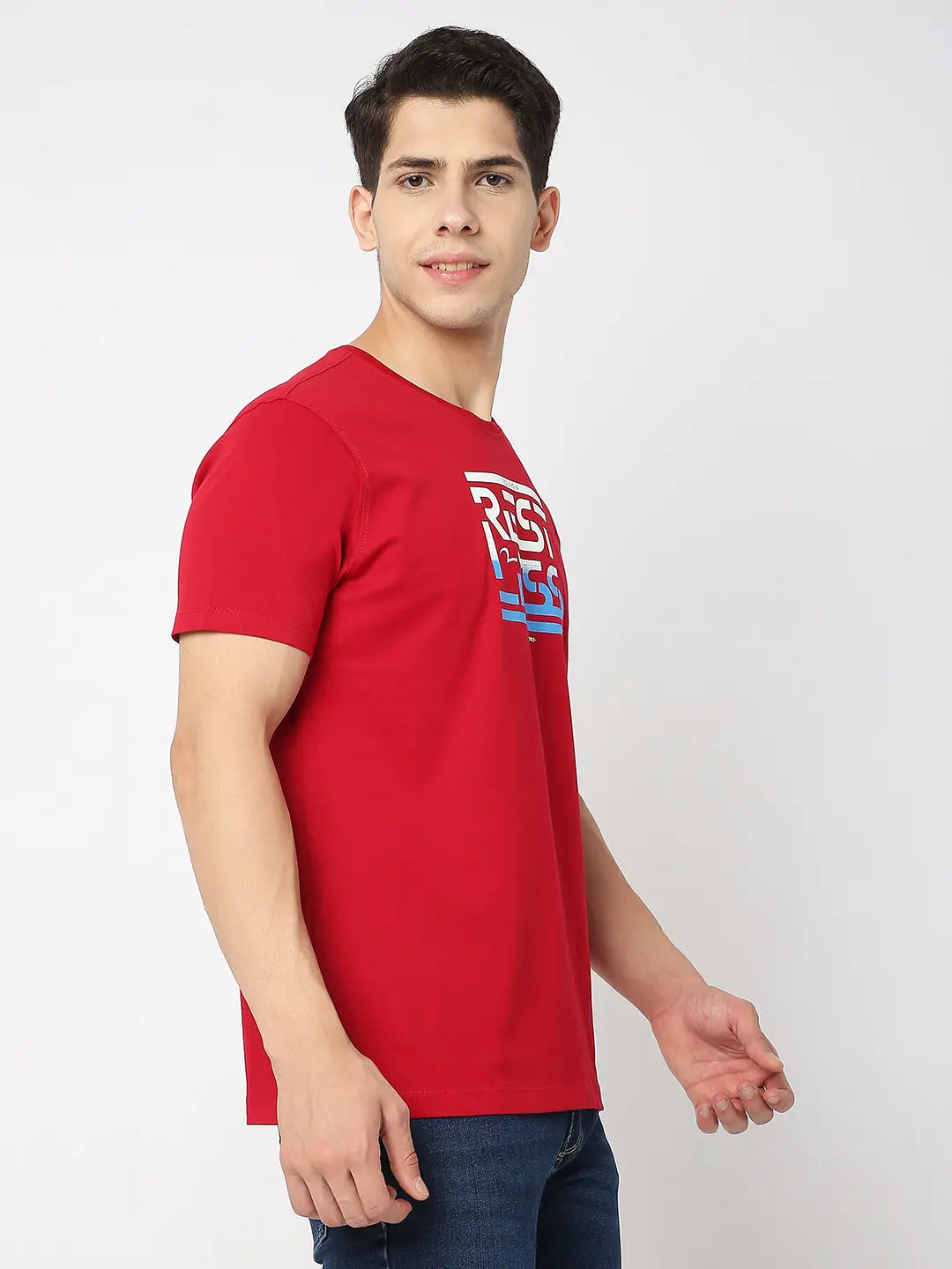 Spykar Men Deep Red Cotton Regular Fit Printed Round Neck Tshirt