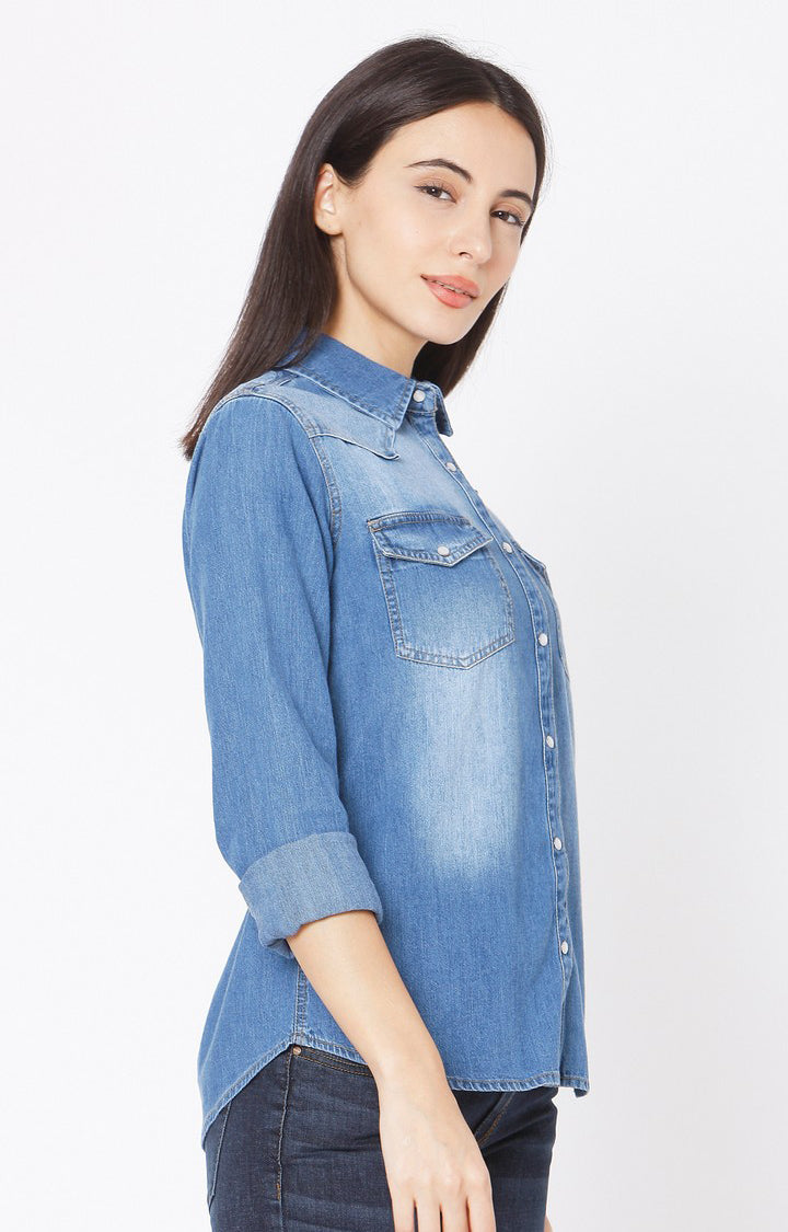 Spykar Slim Fit Denim Blue Cotton Women Shirt