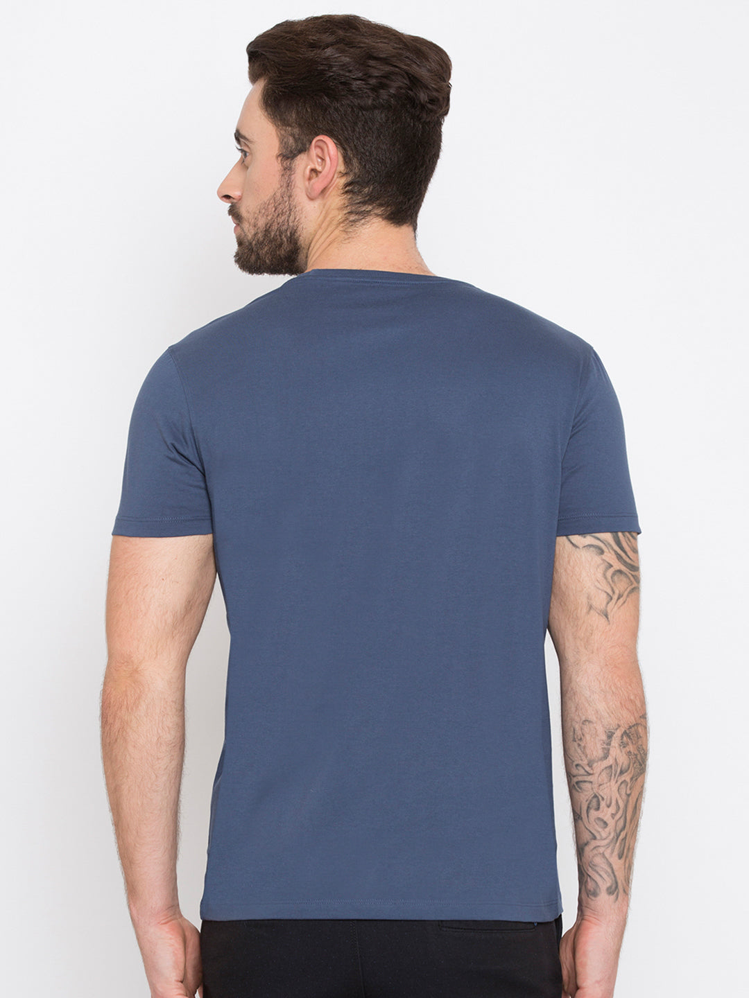 Spykar Men Blue Cotton Slim Fit Round Neck T-Shirt