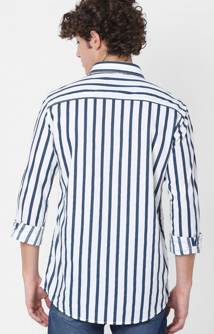 Spykar Slim Fit White & Blue Striped Full Sleeve Shirts For Men