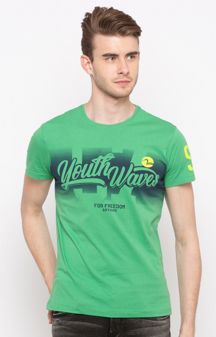 Spykar Green Printed Slim Fit Men T-Shirts