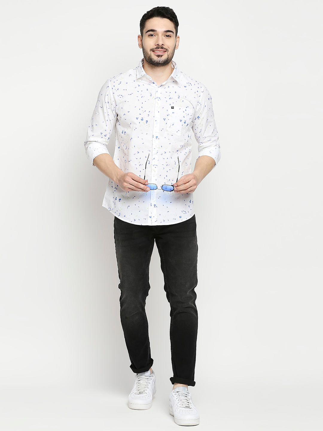 Spykar White Cotton Full Sleeve Printed Shirt For Men