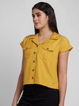 Spykar Women Ochre Yellow Cotton Slim Fit Cap Sleeve Denim Shirts