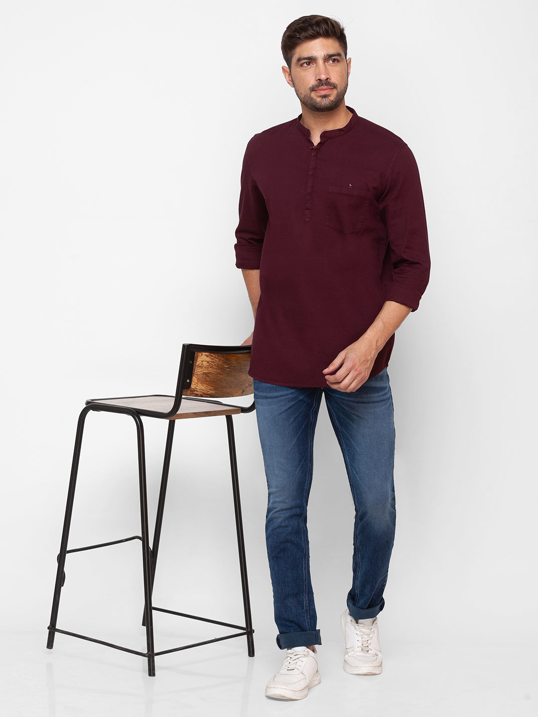 Spykar Wine Red Cotton Full Sleeve Plain Shirt For Men