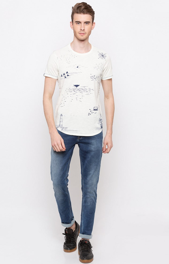 Spykar Off White Printed Slim Fit Men T-Shirts