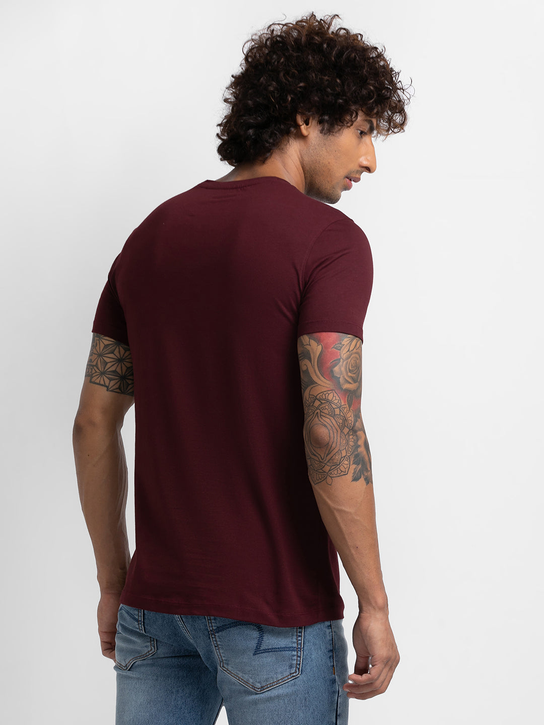 Spykar Wine Cotton Half Sleeve Printed Casual T-Shirt For Men