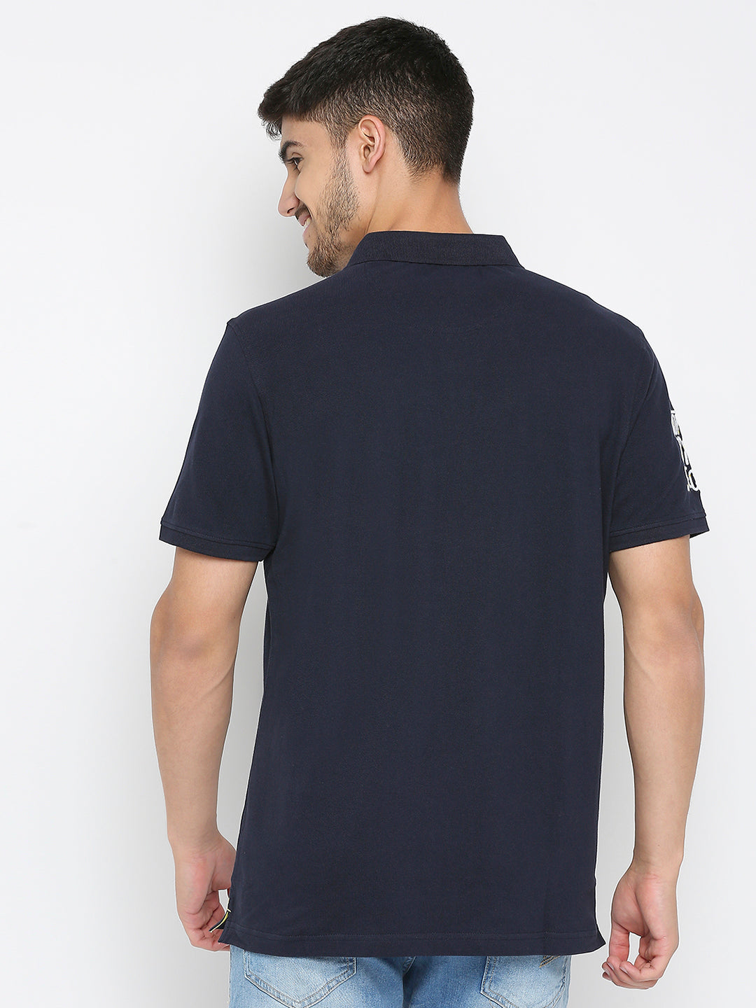 Spykar Ink Blue Cotton Half Sleeve Plain Polo T-Shirt For Men