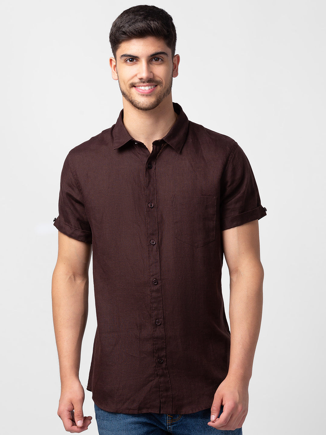 Spykar Men Coffee Brown Cotton Slim Fit Plain Shirt