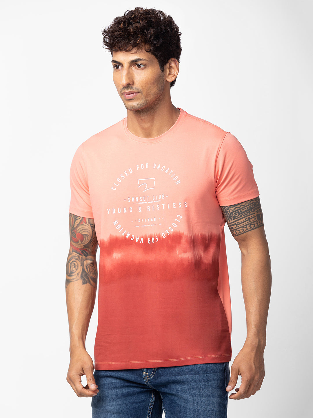 Spykar Men Peach Cotton Regular Fit Half Sleeve Printed T-Shirt