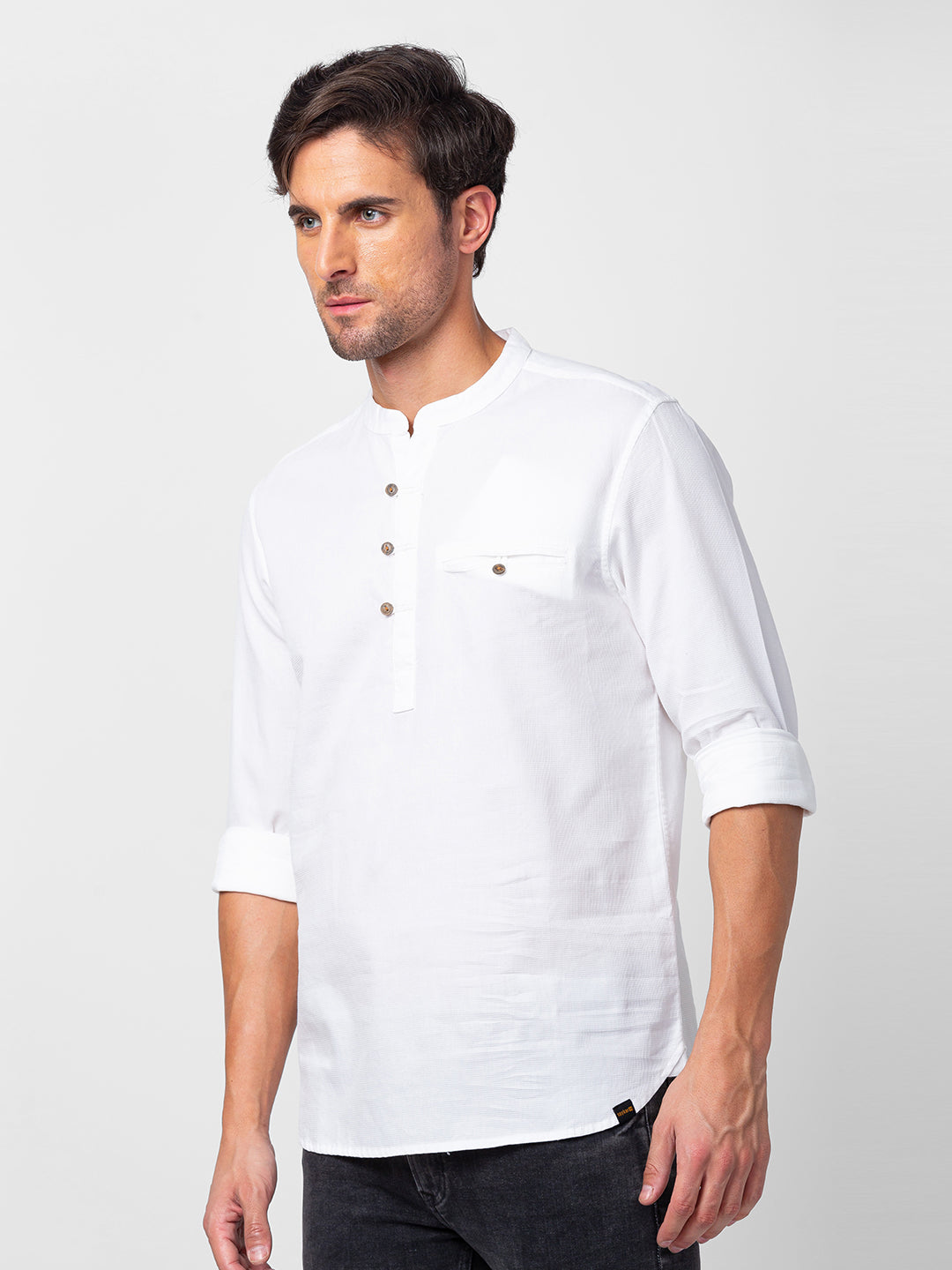 Spykar Men White Cotton Slim Fit M and arin Collar Plain Kurta