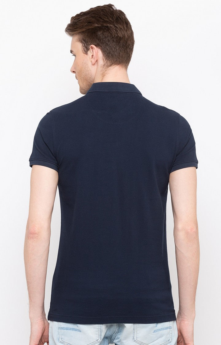 Spykar Navy Solid Slim Fit Polo T-Shirt