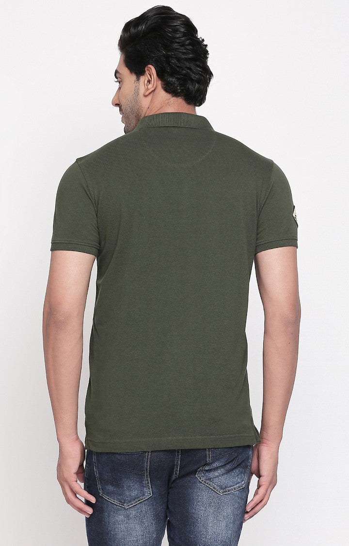 Spykar Olive Printed Slim Fit Polo T-Shirt