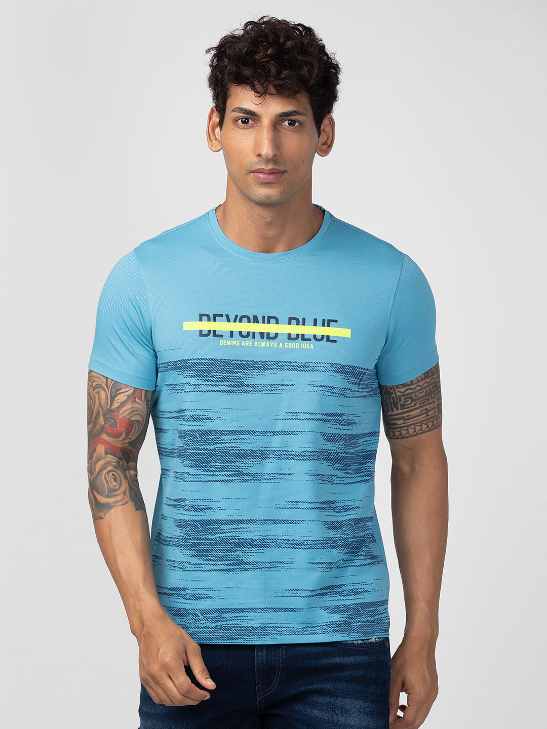 Spykar Men Haze Blue Cotton Regular Fit Half Sleeve Printed T-Shirt