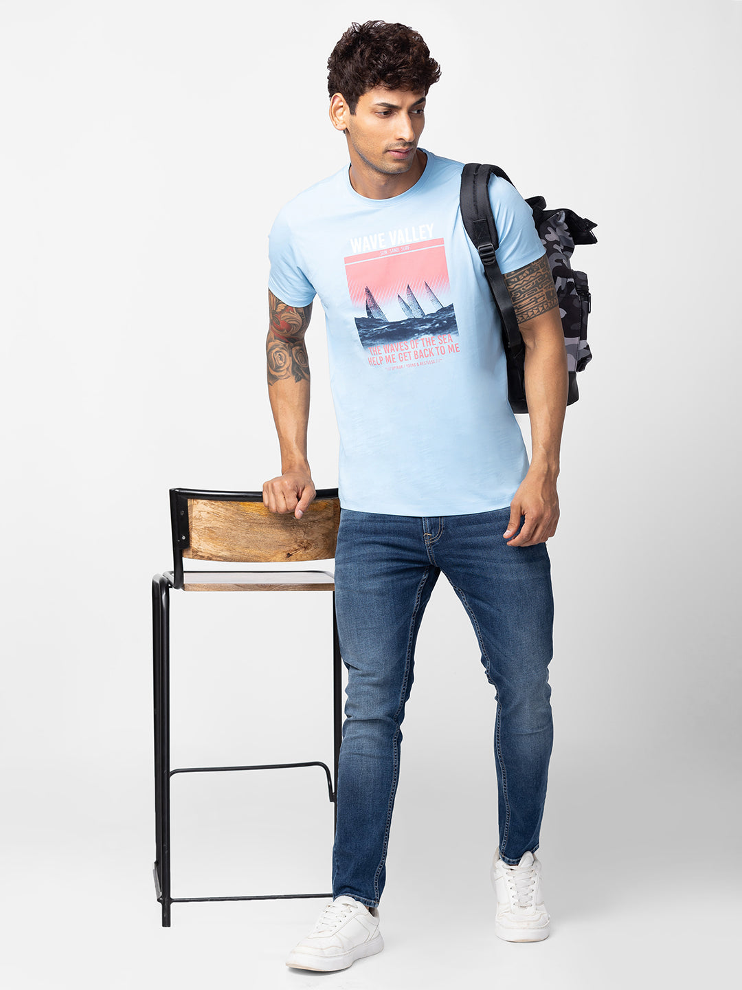 Spykar Men Powder Blue Cotton Regular Fit Half Sleeve Printed T-Shirt