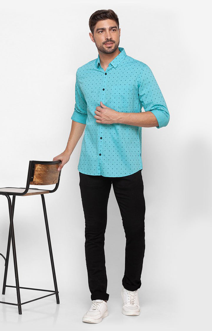 Spykar Cool Blue Cotton Full Sleeve Printed Shirt For Men