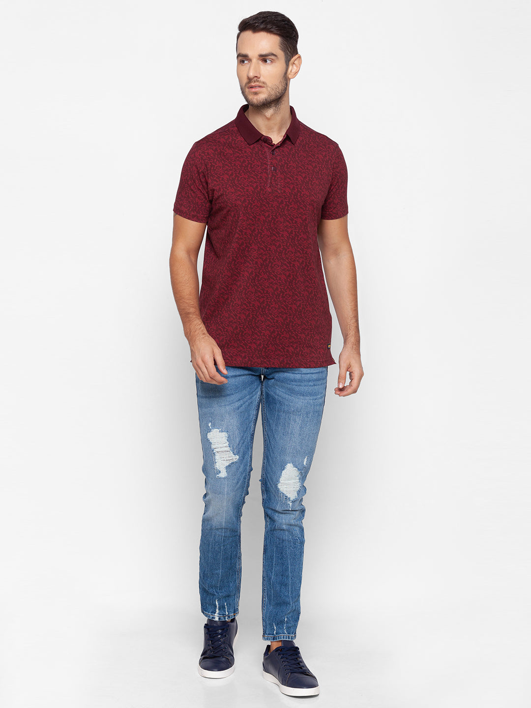 Spykar Men Red Cotton Slim Fit Polo T-Shirt