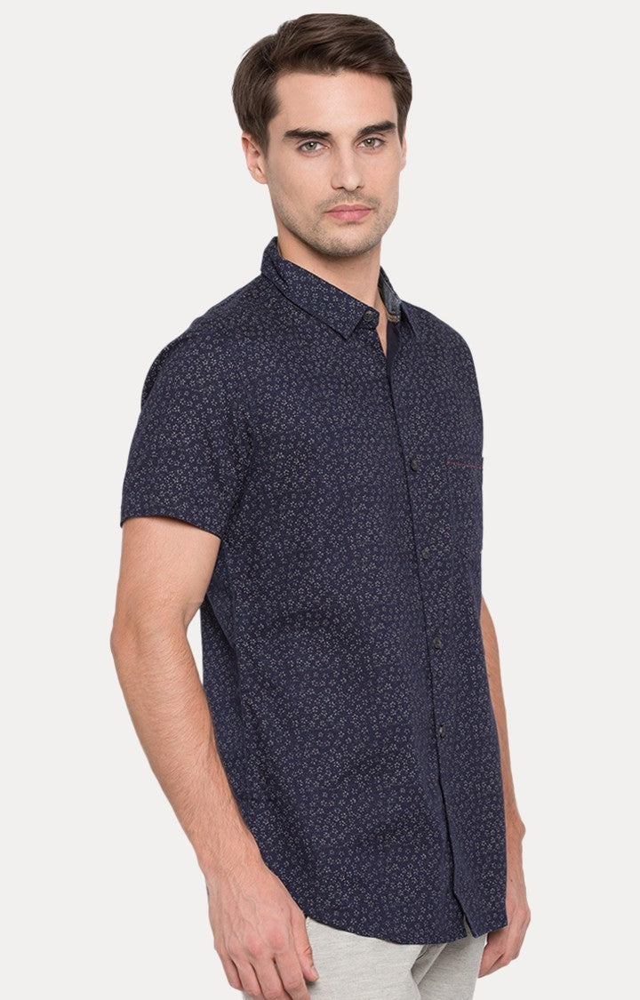 Spykar Men'S Blue Cotton Printed Casual Shirts