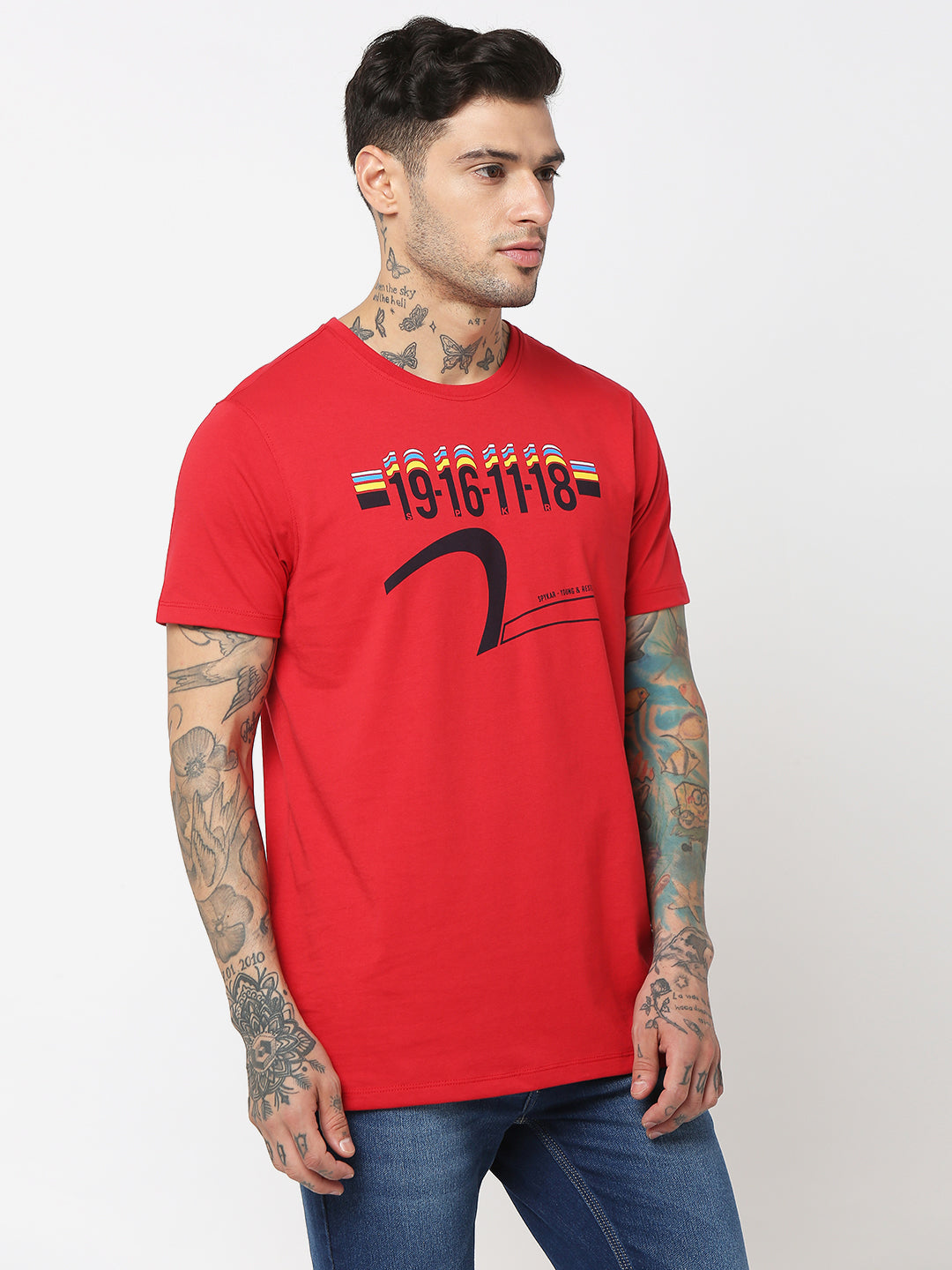 Spykar Men Red Cotton Slim Fit Round Neck Printed T-Shirt