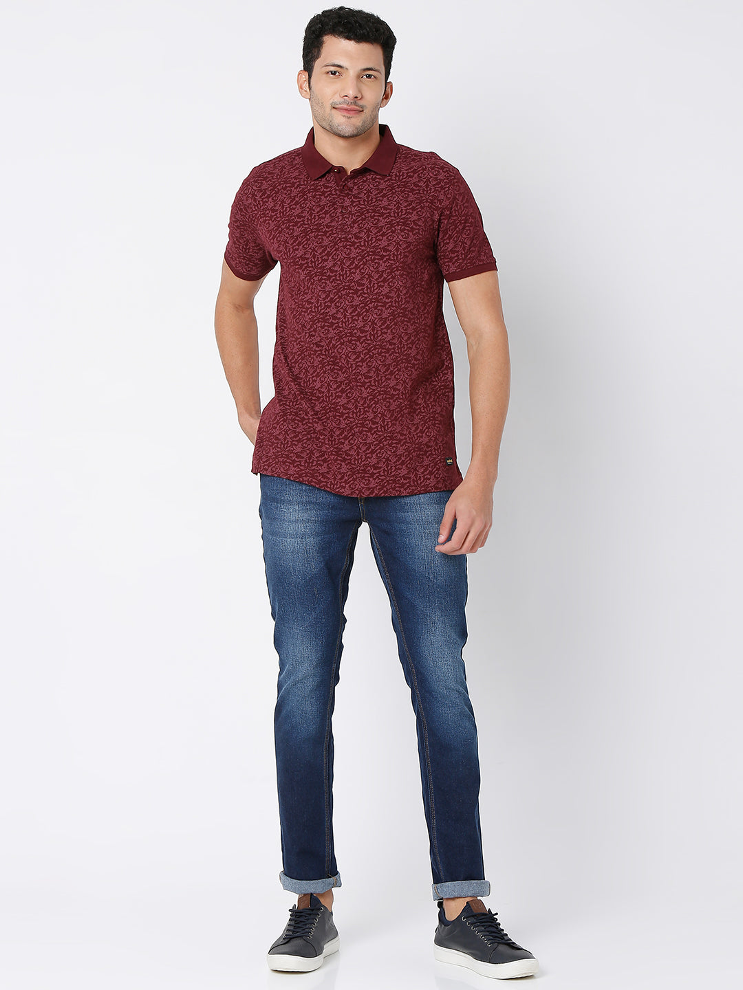 Spykar Men Wine Cotton Slim Fit Printed Polo Tshirt