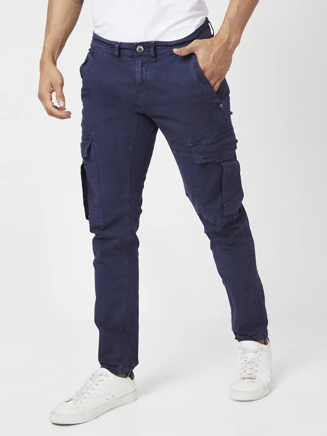 Spykar Men Navy Blue Cotton Tapered Fit Ankle Length Mid Rise Cargo Pant