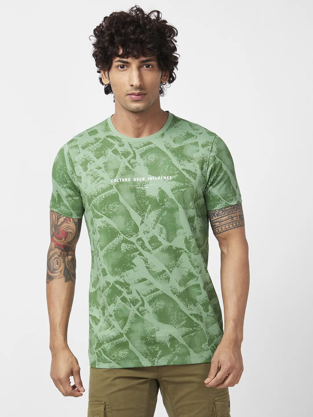 Spykar Men Sage Green Blended Slim Fit Half Sleeve Round Neck Printed Tshirt