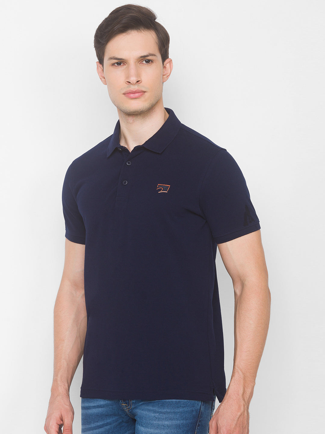 Spykar Men Blue Cotton Slim Fit Polo T-Shirt