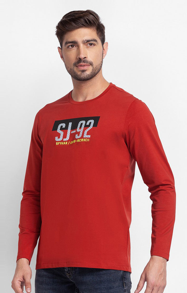 Spykar Brick Red Cotton Full Sleeve Printed Casual T-Shirt For Men