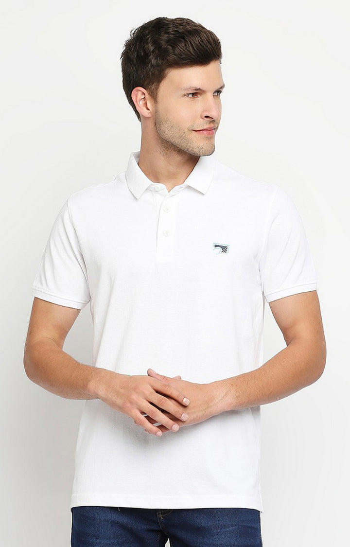 Spykar Men White Cotton Printed Half Sleeve Polo T-shirt