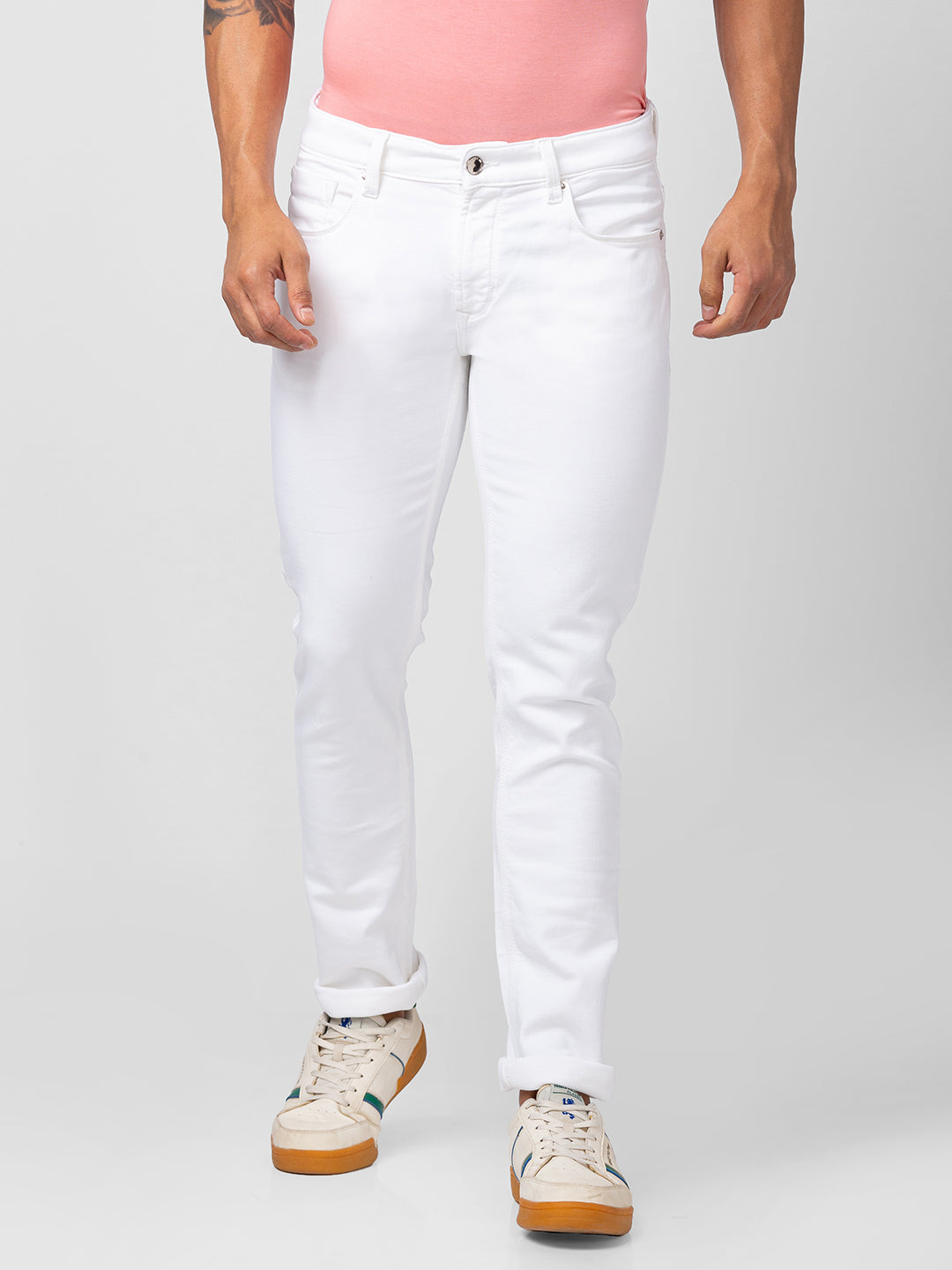 Spykar Men White Cotton Stretch Regular Fit Narrow Length Jeans (Rover)