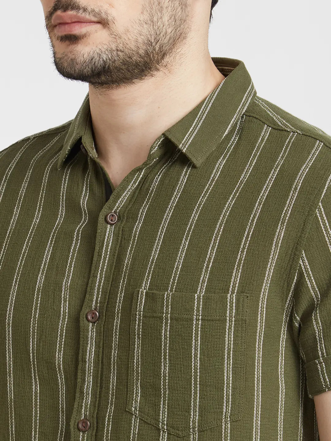 Spykar Men Military Green Cotton Slim Fit Half Sleeve Striped Shirt