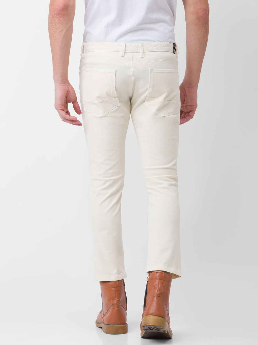 Spykar Ecru Cotton Slim Fit Tapered Length Trouser For Men