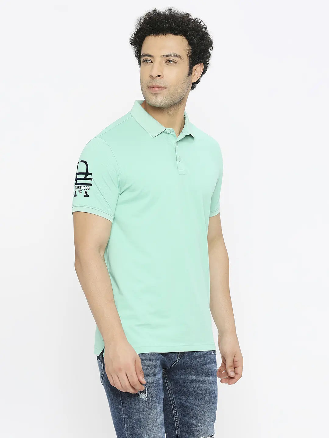 Spykar Men Ice Green Blended Regular Fit Half Sleeve Plain Polo Tshirt