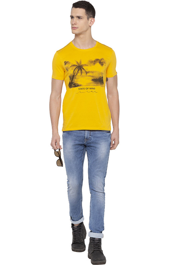 Spykar Men Yellow Cotton Slim Fit Round Neck T-Shirt