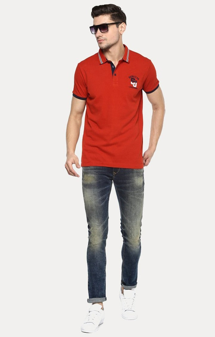 Spykar Orange Solid Slim Fit Polo T-Shirt