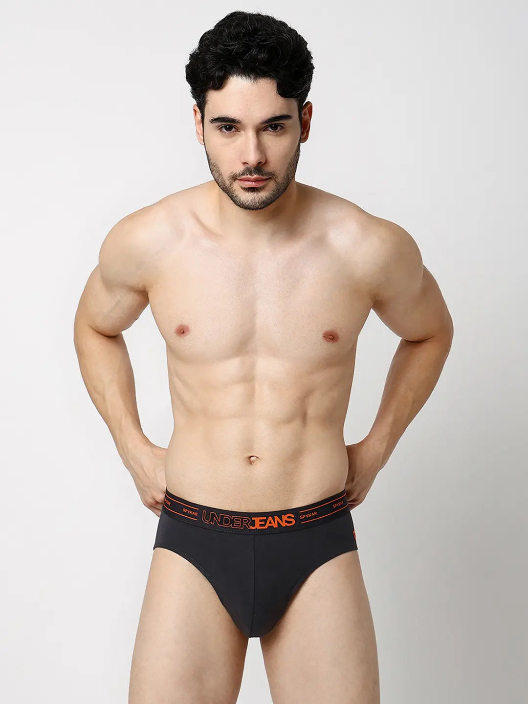 Underjeans By Spykar Men Premium Grey & White Cotton Blend Regular Fit Brief - Pack Of 2