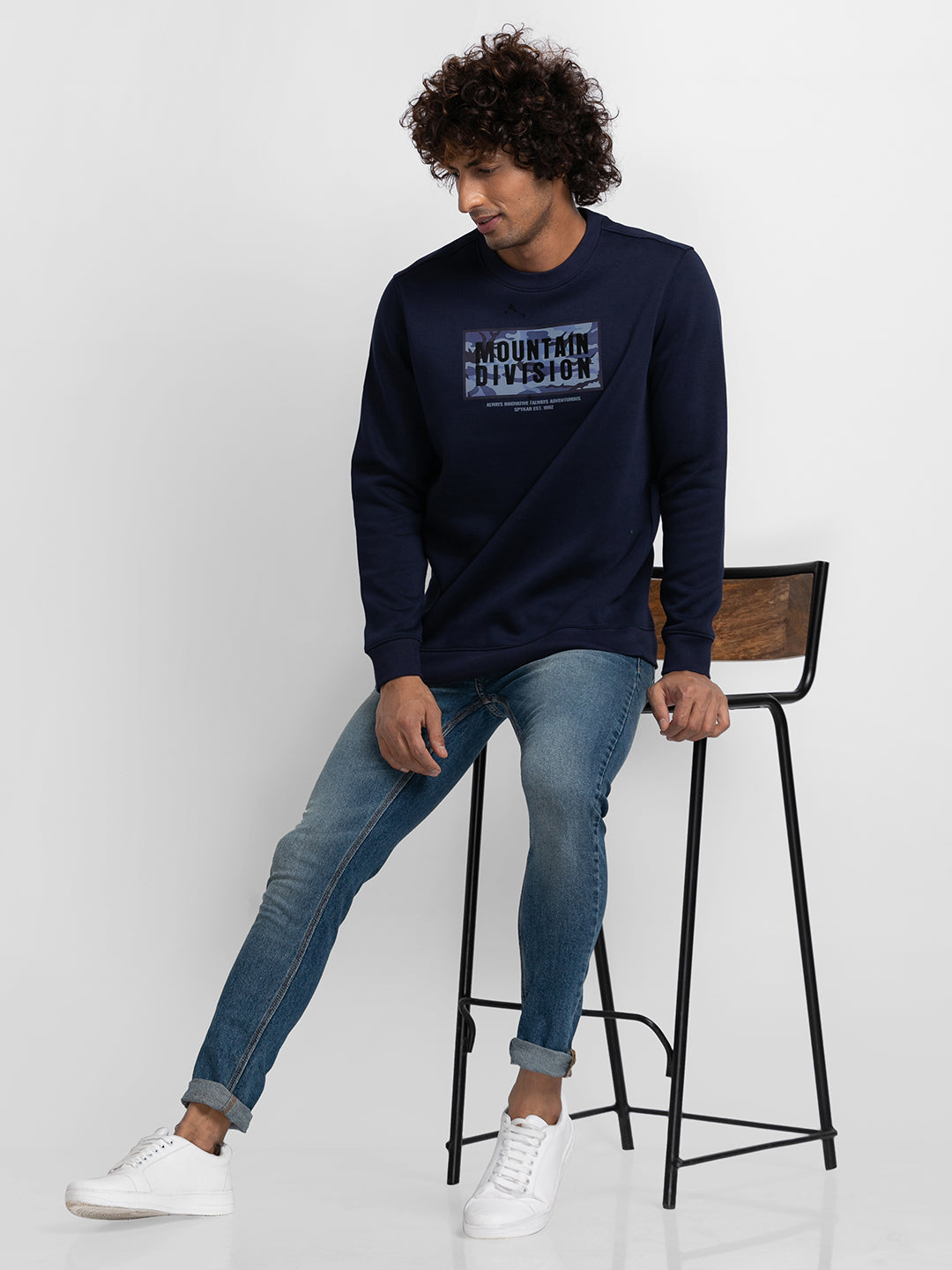 Spykar Navy Blue Cotton Full Sleeve Round Neck Sweatshirt For Men