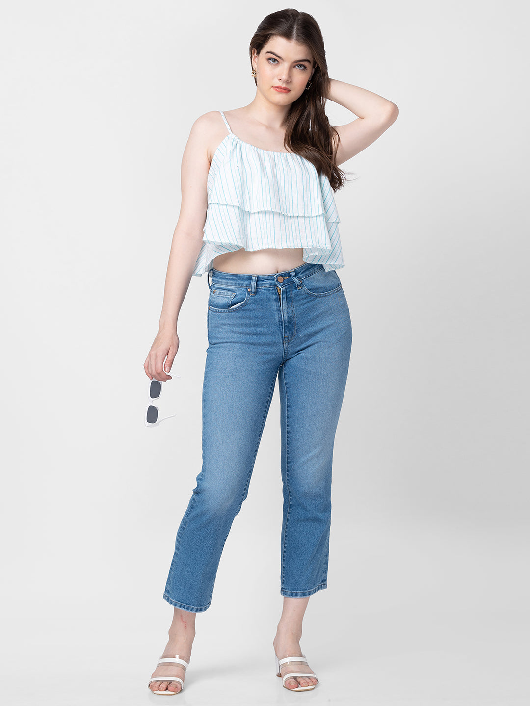 Spykar Women White Cotton Sleeveless Crop Top